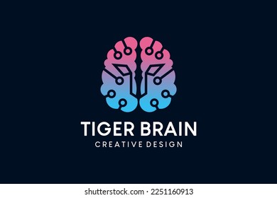 Digital technology brain logo design with tiger head concept