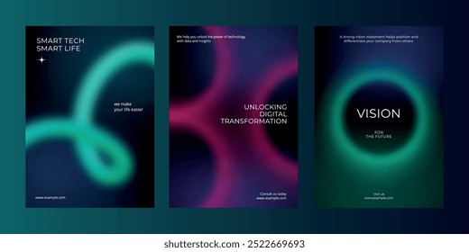 Digital technology business dark poster template vector set. Business dark gradient poster design set. Digital technology business poster in dark blue. Vector set. Modern design poster template