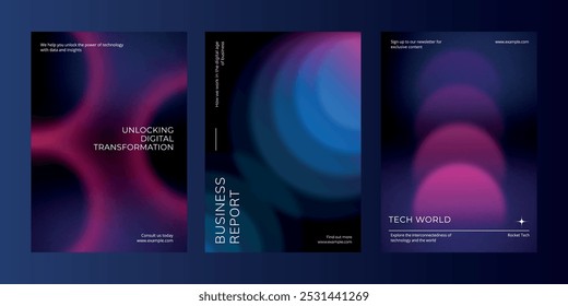 Vector de Plantilla de póster oscuro de negocios de tecnología digital. Conjunto de diseño de póster de gradiente oscuro de negocios. Cartel de negocios de tecnología digital en azul oscuro. Conjunto de Vector. Plantilla de póster de diseño moderno