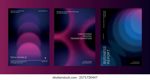 Digital technology business dark poster template vector set. Business dark gradient poster design set. Digital technology business poster in dark blue. Vector set. Modern design poster template
