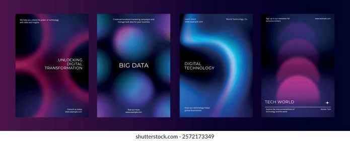 Digital technology business dark poster template vector set. Business dark gradient poster design set. Digital technology business poster in dark blue. Vector set. Modern design poster template