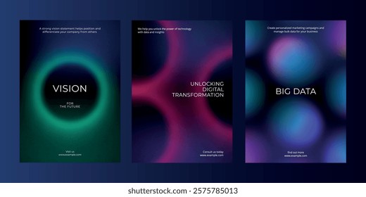 Digital technology business dark poster template vector set. Business dark gradient poster design set. Digital technology business poster in dark blue. Vector set. Modern design poster template