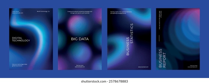 Digital technology business dark poster template vector set. Business dark gradient poster design set. Digital technology business poster in dark blue. Vector set. Modern design poster template