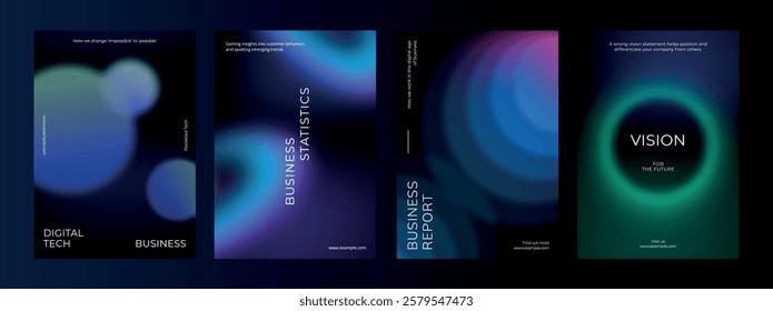 Digital technology business dark poster template vector set. Business dark gradient poster design set. Digital technology business poster in dark blue. Vector set. Modern design poster template