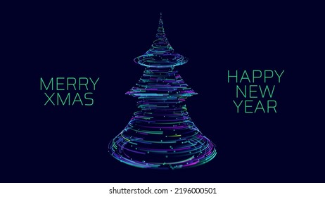 Digital Technology Christmas Tree Glitter Particles With Trails Isolated on Dark Background. New Year Sparkling Lights. Special Event, Luxury Card, Rich Style. Cyber Christmas Vector Illustration.