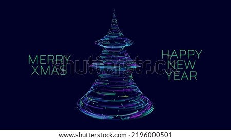 Digital Technology Christmas Tree Glitter Particles With Trails Isolated on Dark Background. New Year Sparkling Lights. Special Event, Luxury Card, Rich Style. Cyber Christmas Vector Illustration.