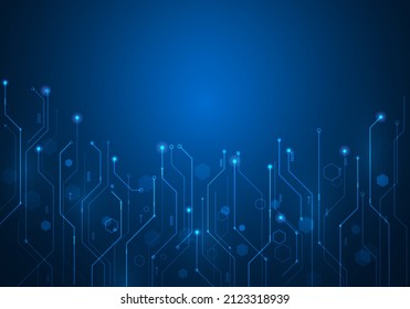 digital technology circuit electronic on blue dark background. Hi-tech telecommunication line and hexagons. High computer concept. vector illustration abstract futuristic style.