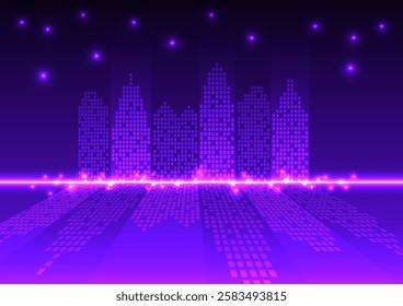 Digital  technology city background. City town company cyberpunk concept. Design for office, city, town, company, connection, telecoms, digital, internet, online, network, retro, 90s.