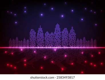 Digital  technology city background. City town company concept. Design for office, city, town, company, connection, telecoms, digital, internet, online, cyberpunk, retro, 90s.