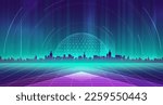 Digital technology city metaverse neon blue green background, abstract cyber communication, innovation future cyberpunk metropolis tech, internet network connection, Ai big data, town illustration 3d