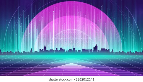 Tecnología digital ciudad metaverso neón fondo verde azul, cibercomunicación abstracta, innovación futura tecnología de metrópolis ciberpunk, conexión de red de internet, Ai big data, ilustración de ciudad 3d