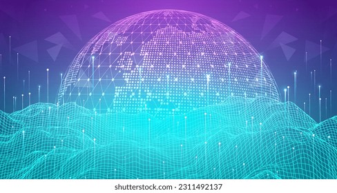 Digital technology city metaverse neon blue green background, abstract cyber communication, innovation future cyberpunk metropolis tech, internet network connection, Ai big data, town illustration 3d