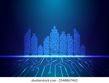 Digitale Technologie Stadtlandschaft Hintergrund. Städtisches Unternehmenskonzept. Design für Büro, Stadt, Stadt, Unternehmen, Telekommunikation, digital, Internet, online, Netzwerk.