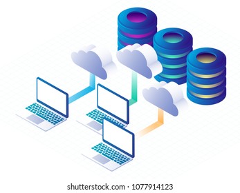 Digital technology, cloud data storage and cloud storage concept. Data backup landing page template. 3d isometric vector illustration.