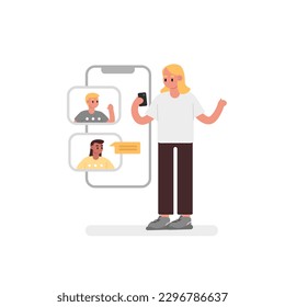 Digital technology and communication concept. Meeting company via video conference on phone. Flat style cartoon vector illustration on white background