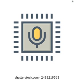 	
Digital technology for communication vector icon. Consist of microchip, microphone. Electronic device for system, artificial intelligence (ai) to recognition or record sound, voice, speech. 48x48 px