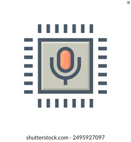 Digital technology for communication vector icon. Consist of microchip, microphone. Electronic device for system, artificial intelligence (ai) to recognition or record sound, voice, speech. 48x48 px.