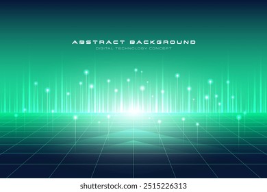 Digitales Technologiekonzept Abstrakter Hintergrund ein grünes Licht. Schein, das Licht schießt auf. Cyberinformation, Digitale Welt, Netzwerkanschluss, Internet, Technische Daten, Zukunftsinnovation