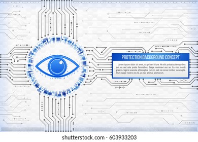 Digital technology concept of background with an eye. Circuit board background. Hi-tech electronic wires. Abstract information security. Modern safety digital background.