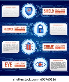 Digital technology concept of background with shield, key, hacker bug and eye. Circuit board background. Hi-tech electronic wires. Abstract information security. Modern safety digital background.