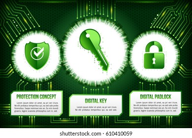 Digital technology concept of background with shield, key and padlock. Circuit board background. Hi-tech electronic wires. Abstract information security. Modern safety digital background.