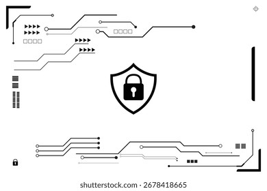 Conceito de tecnologia digital, segurança cibernética, proteção de dados, conexão de rede de internet, escudo proeminente no centro HUD em fundo branco.