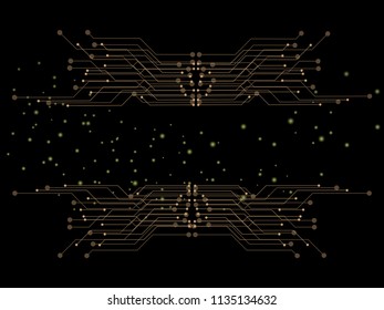 Digital technology concept. with geometry on black background with shapes. light brown Lines, Dots and straight lines for Circuit boards elements in framework. ready for your text.  
