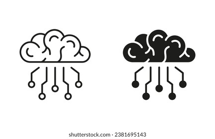 Digital Technology Concept, Human Brain with Circuit Silhouette and Line Icons Set. Tech Science Black Symbol Collection. Artificial Intelligence Pictogram. Isolated Vector Illustration.
