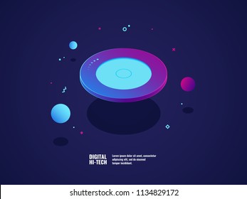 Digital technology concept, modern ultraviolet banner, flying plate object, source of information, storage device server room and data processing isometric vector illustration