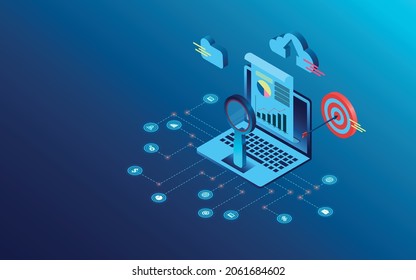 digital technology concept search engine analytics seo success flat vector banner concept isometric