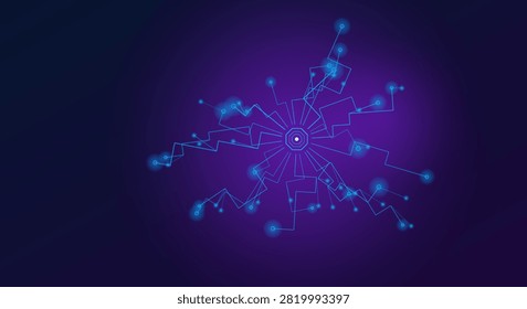 Digital technology concept showing vibrant electric pathways radiating from core geometric node on dark purple gradient base.