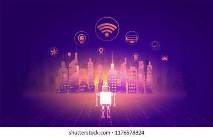 Digital and technology concept of Smart City, illustration of skyscrapers, futuristic design with multiple smart service app and robots on purple matrix coding background.