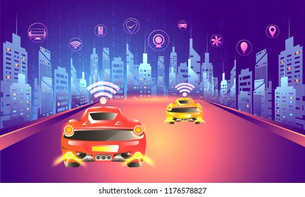 Digital Technology Concept, Urban Lanscape With Autonomous Vehicle On Road With Multiple Smart Services App. Futuristic Design.