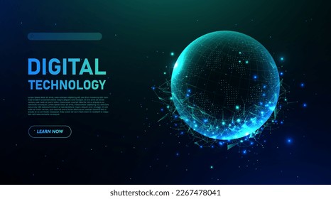 Digital technology concept. Wireless connection and wifi. Flare ball, cyberspace and sci fi, virtual reality. Landing page design. Neon light particle. Realistic isometric vector illustration