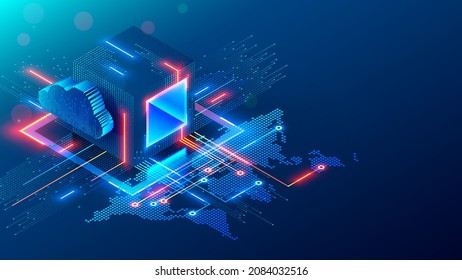 Banner conceptual de tecnología digital. El cubo o bloque consta de una matriz de dígitos. Cadena de bloques de comunicación de datos abstractos con mapa mundial a través de internet. Computación en la nube, redes, acceso compartido.