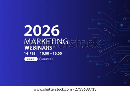 Digital technology conference background with circuit lines. Abstract blue banner for marketing webinars, tech summits, and business events with asymmetrical networking paths and copy space.