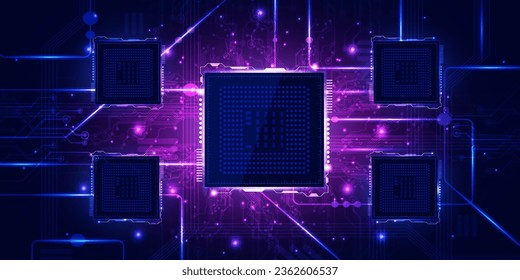 Digital technology CPU processor chip blue background, cyber nano circuit board microchip, abstract communication, innovation futuristic tech, internet network connection, Ai big data, illustration 3d