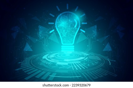 Digital technology creative mind idea thinking blue green background, lamp lighting innovation, abstract tech brain future, Ai big data, care save energy earth, internet network illustration vector 3d