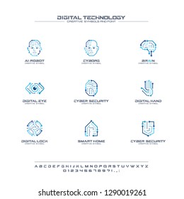 Digital technology creative symbols set, font concept. AI circuit brain abstract business logo. Cyborg face, head, smart robot hand icon. Corporate identity alphabet, logotype, company graphic design