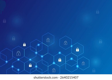 Digital technology cybersecurity concept with padlock and polygon shape on blue gradient background, Vector and Illustration