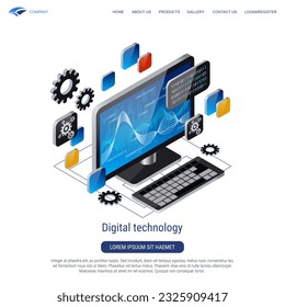Digital technology, data engineering 3d isometric vector concept illustration