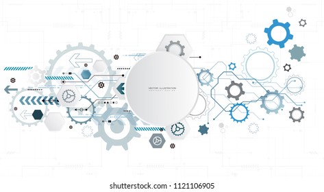 digital technology design blue gear wheel engineering various elements for content network business tech presentation on white background copy space vector illustration