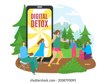 Digital technology detox without internet, vector illustration, flat man woman character leave device, people rest offline, disconnect smartphone.