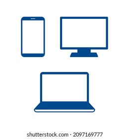 Digital technology device and multimedia blue icon set vector. Mobile phone, laptop, monitor graphic icons isolated on a white background