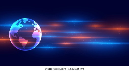 digital technology earth concept banner with light streaks
