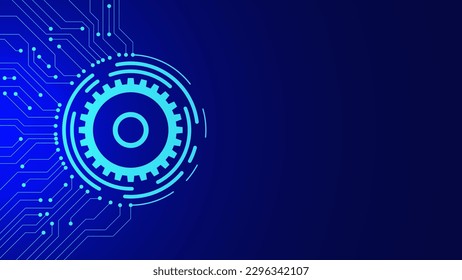 Digital technology and engineering concept with gears and electronic circuit board on dark blue background. Vector illustration.