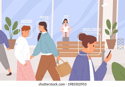 Digital technology of facial recognition. Biometric system recognizing and scanning people's faces in crowd. City video supervision, surveillance and monitoring concept. Flat vector illustration