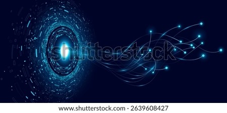 Digital technology featuring a glowing circular data hub with neural data lines flowing outward. Virtual HUD interface with futuristic data transfer. Vector illustration.