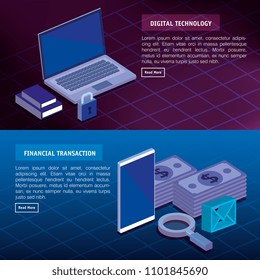 digital technology and financial transaction isometrics icons
