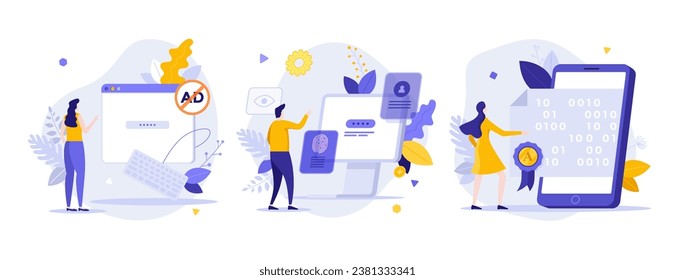 Digital technology flat concept vector illustrations set. Protect data online with verification system cartoon composition. Ad removing and code certification creative idea for website, presentation